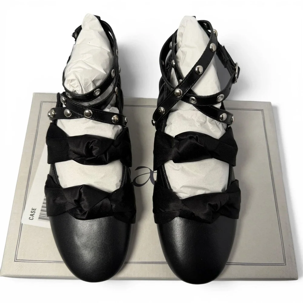 NIB Anthropologie Maeve Moto Ballet Flats EU 38/7-7.5 Black Leather Studded $178